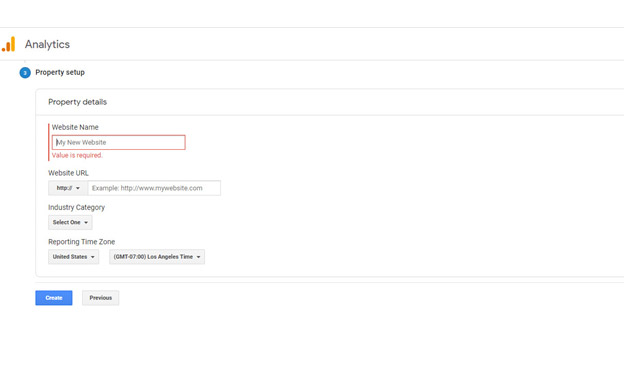 Google Analytics Account step 2: fill account details and click create